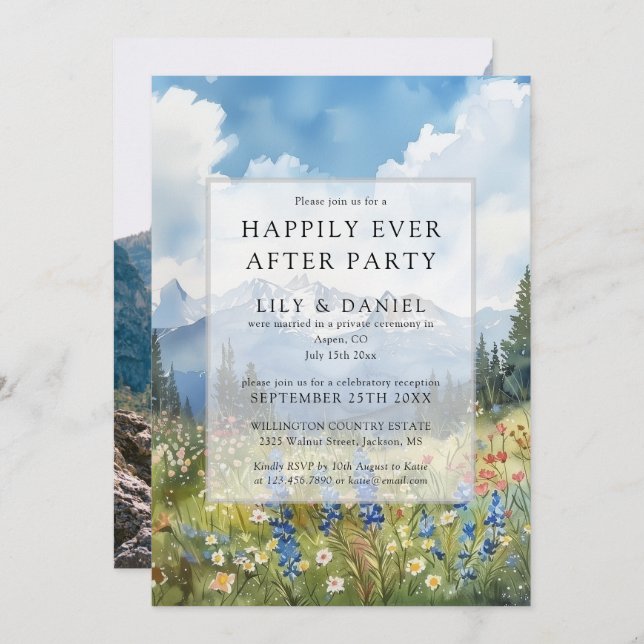 Convite Happily Ever After Floral Mountain Wedding Photo (Frente/Verso)