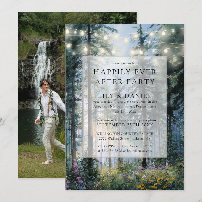 Convite Happily Ever After Forest Lights Wedding Photo (Frente/Verso)