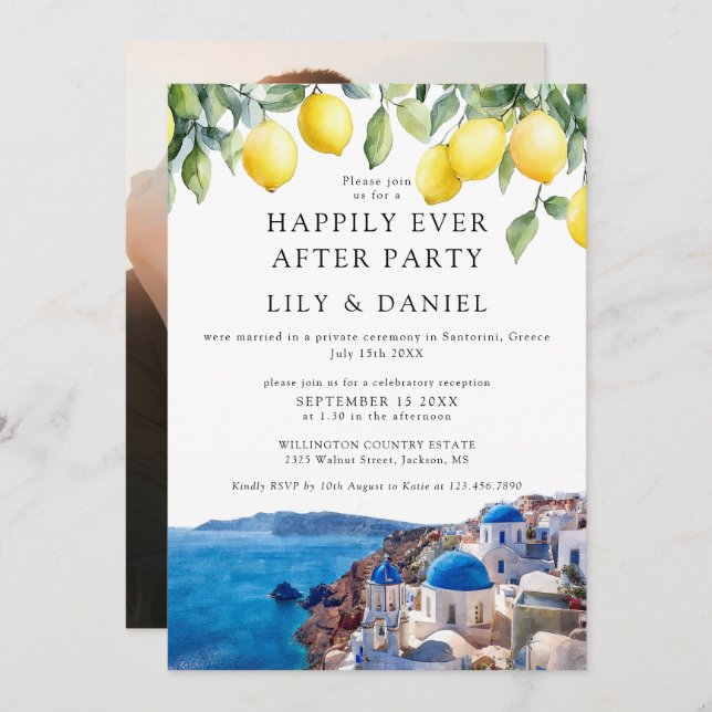 Convite Happily Ever After Lemons Santorini Photo Wedding (Frente/Verso)