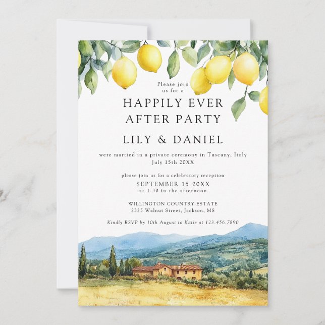 Convite Happily Ever After Lemons Tuscany Italy Wedding (Frente)