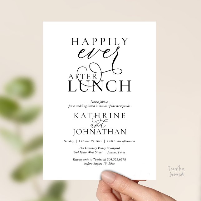 Convite Happily Ever After Lunch Post Wedding Elopement (Happily Ever After, Modern Wedding Reception Lunch Invitation Card in Black and White)