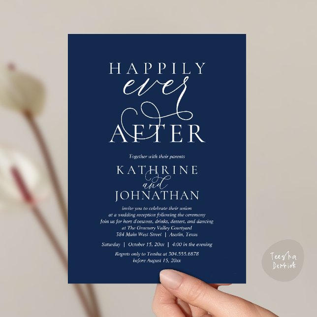 Convite Happily Ever After, Modern Wedding Reception (Happily Ever After, Modern Wedding Reception hors d'oeuvres Drinks Dancing Invites Card Navy Blue)