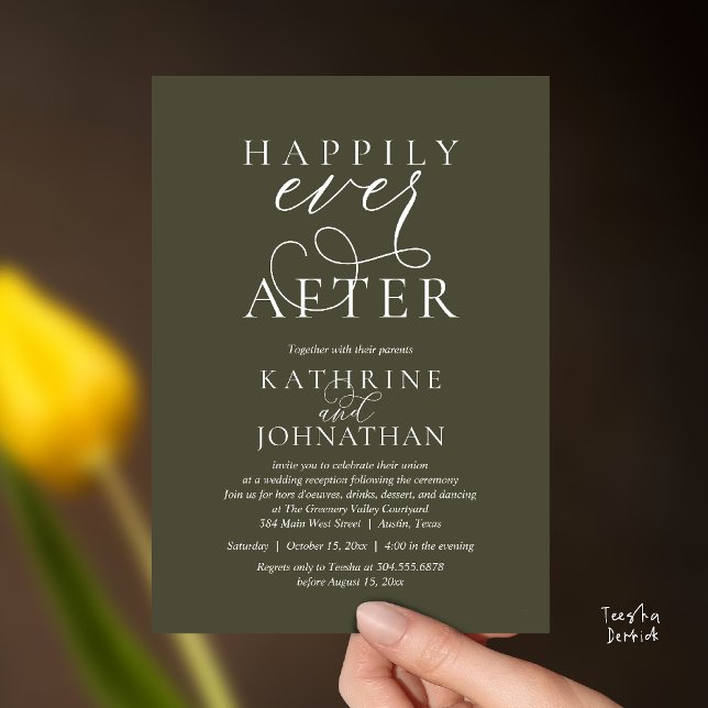 Convite Happily Ever After, Modern Wedding Reception (Happily Ever After, Modern Wedding Reception hors d'oeuvres Drinks Dancing Invites Card Olive Green)