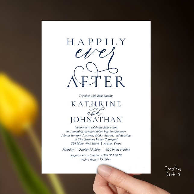 Convite Happily Ever After, Modern Wedding Reception (Happily Ever After, Modern Wedding Reception Drinks Dessert Dancing Invitation Card in Navy Blue)