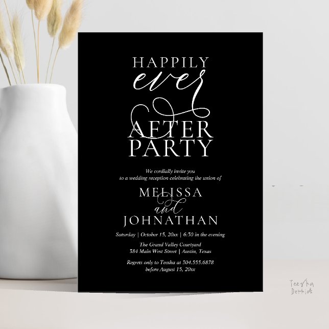 Convite Happily Ever After Party, Classy Wedding Reception (Happily Ever After Party, Classy Wedding Reception Modern Dinner Invitation Card PDF Black White)