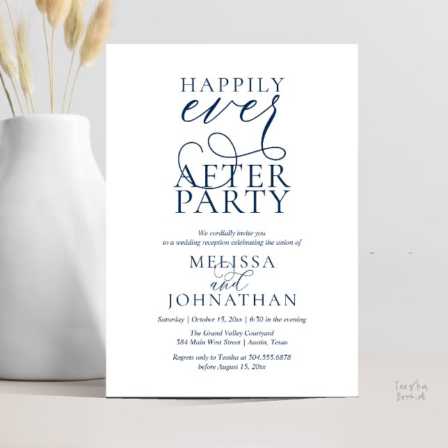 Convite Happily Ever After Party, Classy Wedding Reception (Happily Ever After Party, Classy Wedding Reception Modern Dinner Invitation Card PDF Navy Blue)