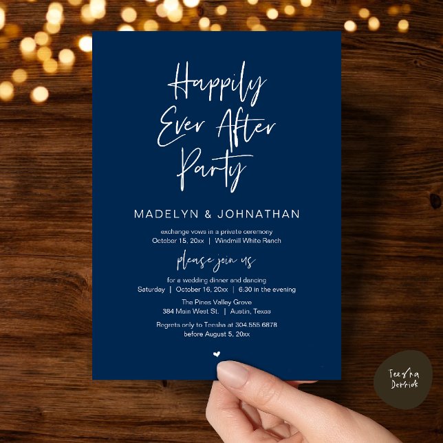 Convite Happily Ever After Party, Modern Wedding Dinner (Happily Ever After Party, Modern Wedding Reception Dinner Invitation card in navy blue)