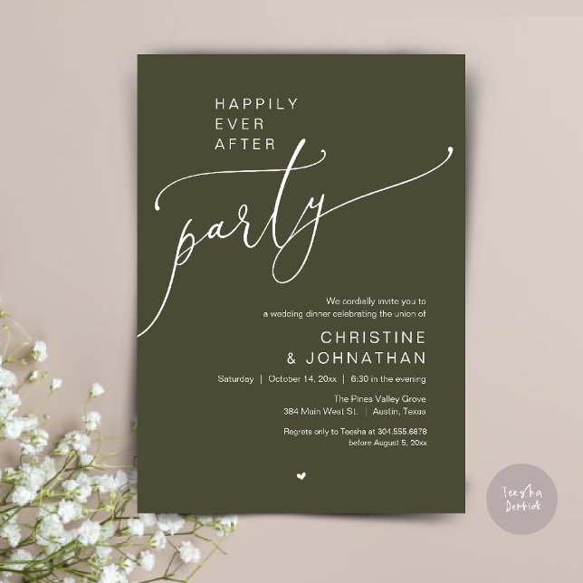 Convite "Happily Ever After Party" Modern Wedding Dinner ("Happily Ever After Party" Modern Wedding Dinner reception Invitation card in olive green)