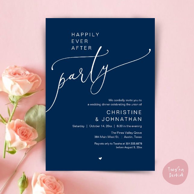 Convite "Happily Ever After Party" Modern Wedding Dinner ("Happily Ever After Party" Modern Wedding Dinner reception Invitation card in navy blue)