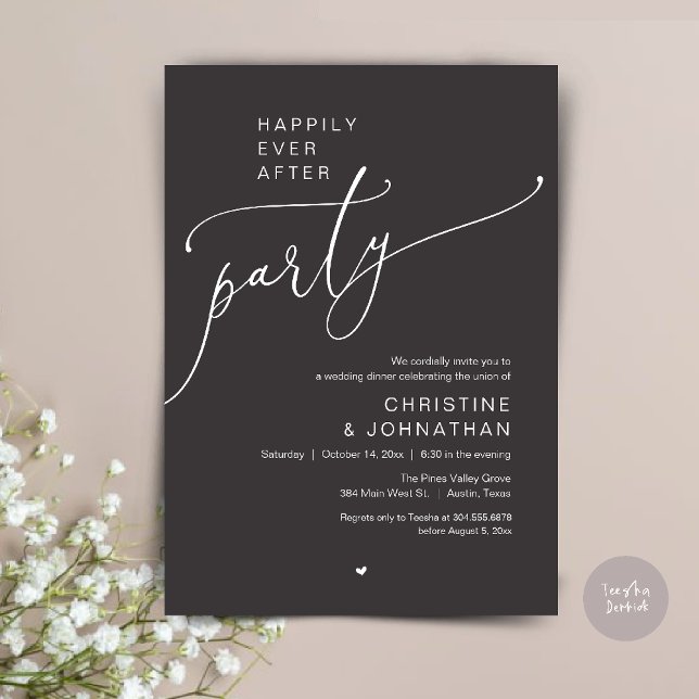 Convite "Happily Ever After Party" Modern Wedding Dinner ("Happily Ever After Party" Modern Wedding Dinner reception Invitation card in charcoal grey)