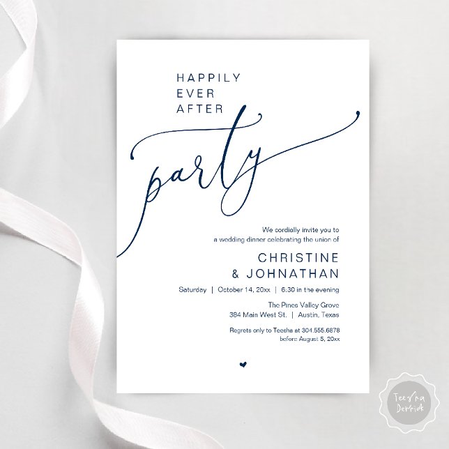 Convite "Happily Ever After Party" Modern Wedding Dinner ("Happily Ever After Party" Modern Wedding Dinner Invitation Card in navy Blue)