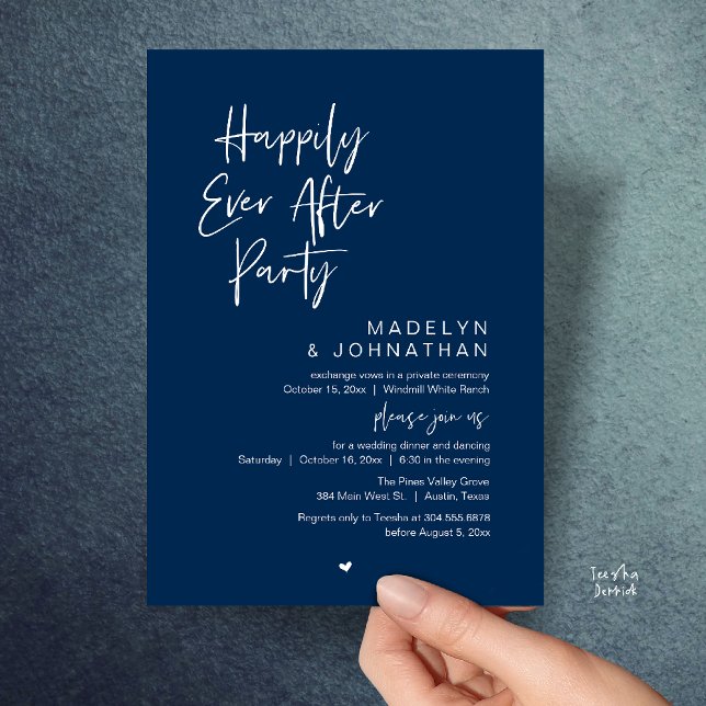 Convite Happily Ever After Party, Modern Wedding Reception (Happily Ever After Party, Modern Wedding Reception Dinner Invitation card in navy blue)