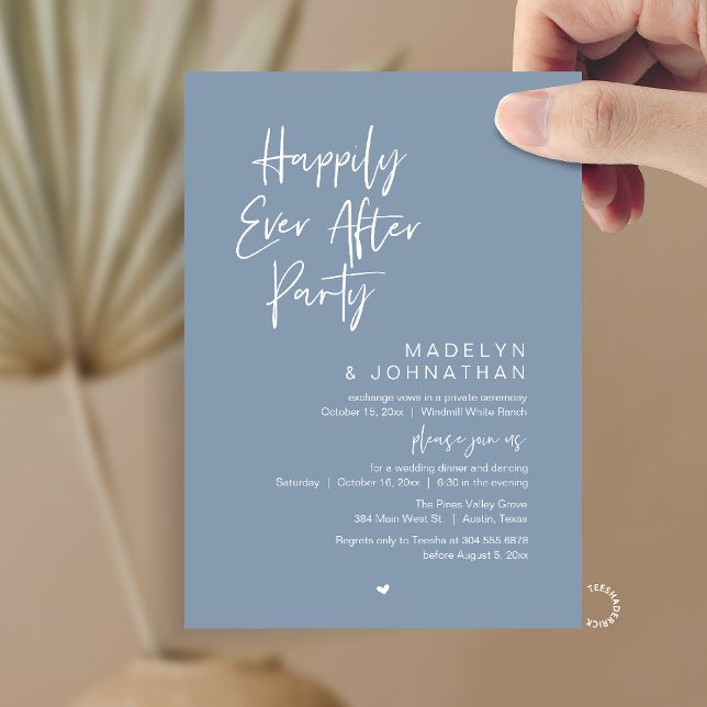 Convite Happily Ever After Party, Modern Wedding Reception (Happily Ever After Party, Modern Wedding Reception Dinner Invitation card in dusty blue)
