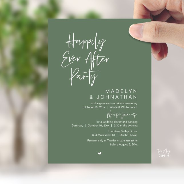 Convite Happily Ever After Party, Modern Wedding Reception (Happily Ever After Party, Modern Wedding Reception Dinner Invitation card in sage green)