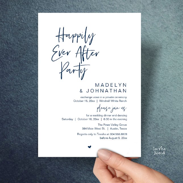 Convite Happily Ever After Party, Modern Wedding Reception (Happily Ever After Party, Modern Wedding Reception Dinner Invitation card in navy blue)