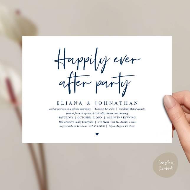 Convite  Happily Ever After Party Modern Wedding Reception (Happily Ever After Party Modern Wedding Reception Invitation Card in Navy Blue)