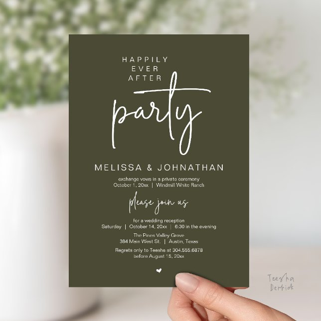 Convite Happily Ever After Party, Modern Wedding Reception (Happily Ever After Party, Modern Wedding Reception Dinner Invitation Card in Olive Green)