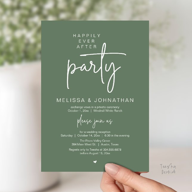 Convite Happily Ever After Party, Modern Wedding Reception (Happily Ever After Party, Modern Wedding Reception Dinner Invitation Card in Sage Green)