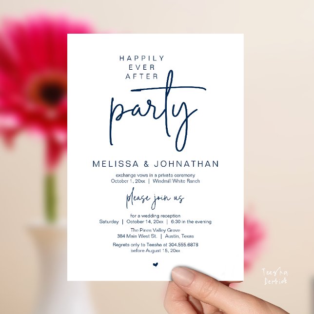Convite Happily Ever After Party, Modern Wedding Reception (Happily Ever After Party, Modern Wedding Reception Dinner Invitation Card in Navy Blue)