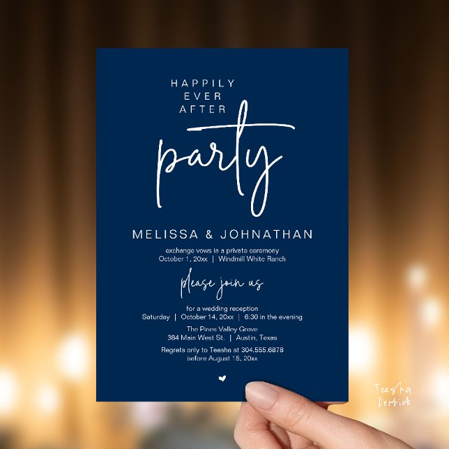 Convite Happily Ever After Party, Modern Wedding Reception (Happily Ever After Party, Modern Wedding Reception Dinner Invitation Card in Navy Blue)