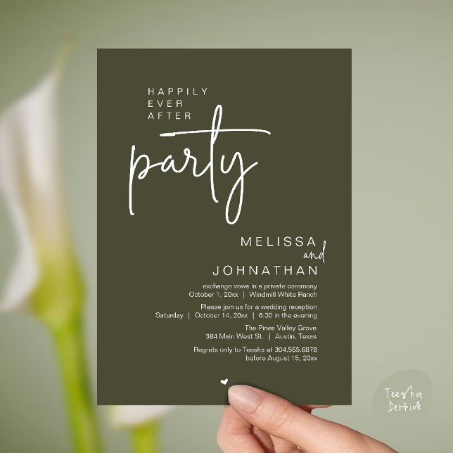 Convite Happily Ever After Party, Modern Wedding Reception (Happily Ever After Party, Modern Wedding Reception Invitation Card in olive green)