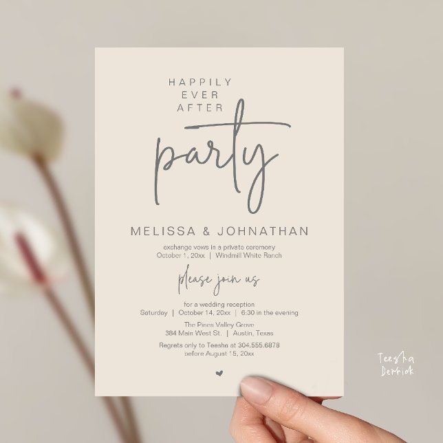 Convite Happily Ever After Party, Modern Wedding Reception (Happily Ever After Party, Modern Wedding Reception Dinner Invitation Card in Cream Grey)