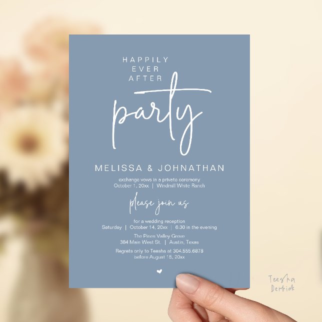 Convite Happily Ever After Party, Modern Wedding Reception (Happily Ever After Party, Modern Wedding Reception Dinner Invitation Card in Dusty Blue)