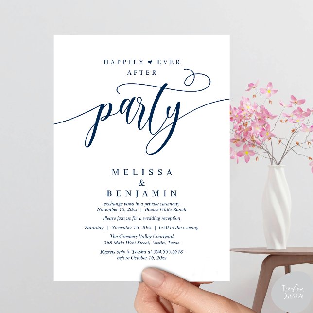 Convite Happily Ever After Party, Reception Modern Minimal (Happily Ever After Party, Reception Modern Minimal Invitation Card in Navy Blue)