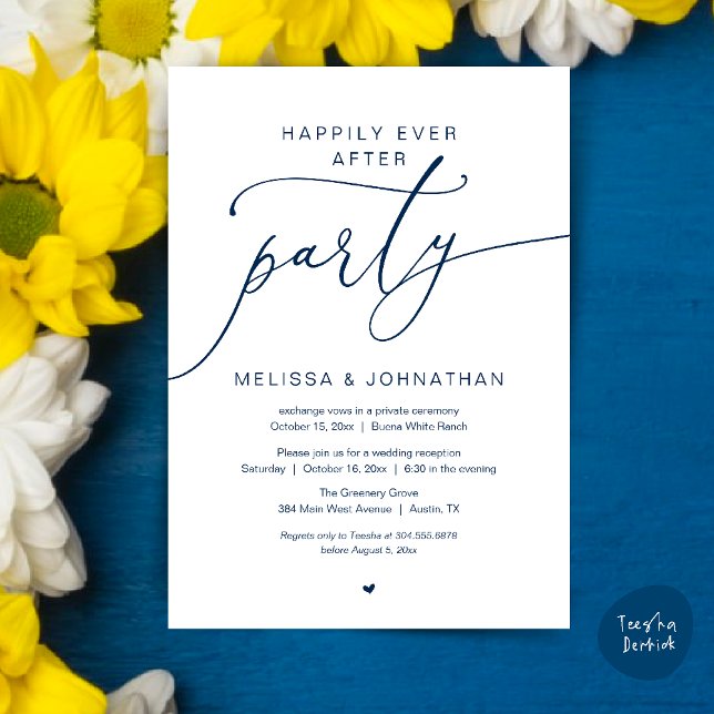 Convite Happily Ever After Party Romance Wedding Reception (Happily Ever After Party Romance Wedding Reception Invitation card in navy blue)
