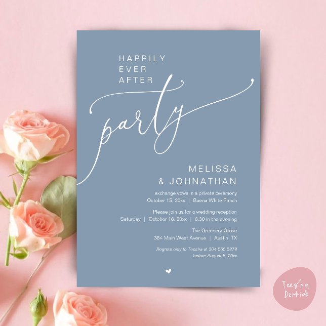 Convite Happily Ever After Party Romance Wedding Reception (Happily Ever After Party Romance Wedding Reception Invitation card in dusty blue)