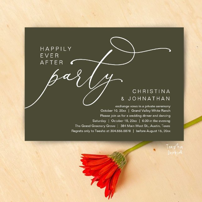 Convite Happily Ever After Party, Romantic Wedding Dinner (Happily Ever After Party, Romantic Wedding Dinner Invitation card in olive green)