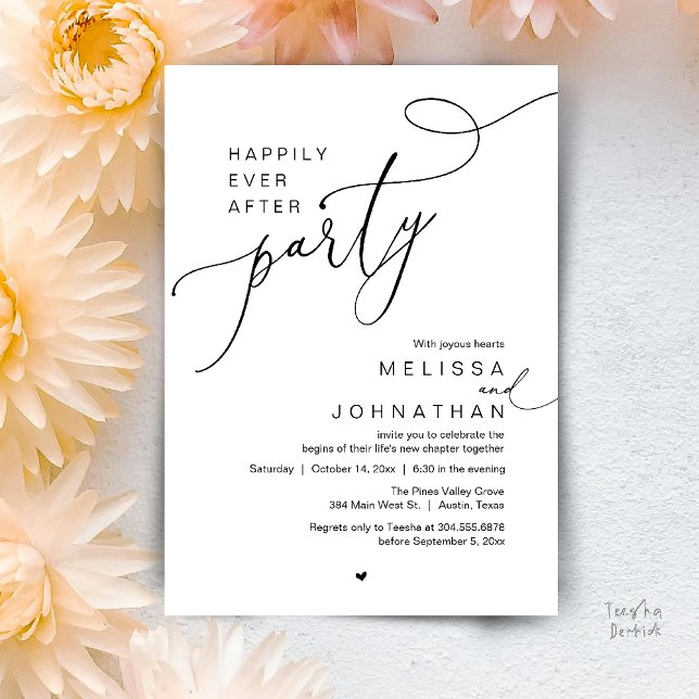 Convite Happily Ever After Party, Romantic Wedding Dinner (Happily Ever After Party, Romantic Wedding Reception Dinner Invitation Card in Black White)