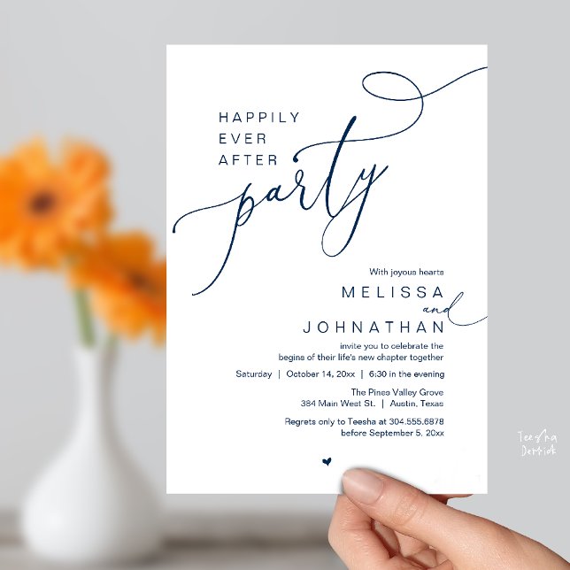 Convite Happily Ever After Party, Romantic Wedding Dinner (Happily Ever After Party, Romantic Wedding Reception Dinner Invitation Card in Navy Blue)