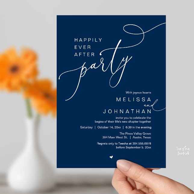 Convite Happily Ever After Party, Romantic Wedding Dinner (Happily Ever After Party, Romantic Wedding Reception Dinner Invitation Card in Navy Blue)