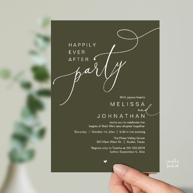 Convite Happily Ever After Party, Romantic Wedding Dinner (Happily Ever After Party, Romantic Wedding Reception Dinner Invitation Card in Olive Green)