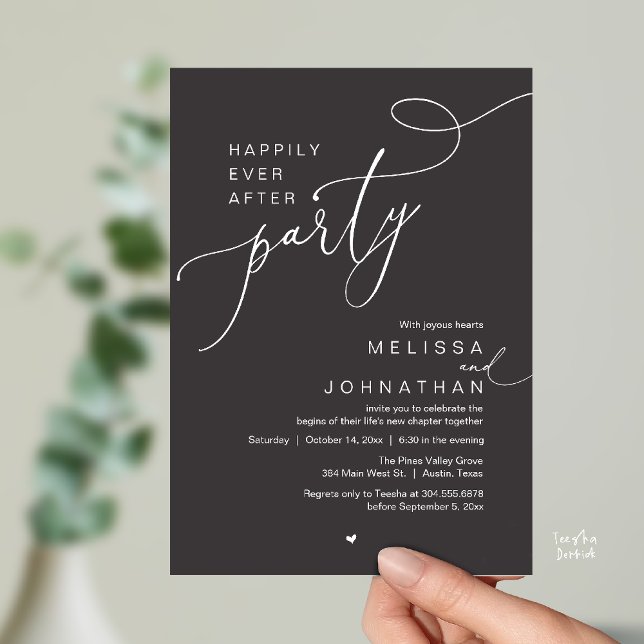 Convite Happily Ever After Party, Romantic Wedding Dinner (Happily Ever After Party, Romantic Wedding Reception Dinner Invitation Card in Charcoal Grey)