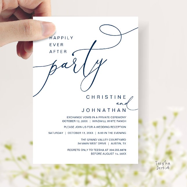 Convite Happily Ever After Party Romantic Weds Reception (Happily Ever After Party Romantic Weds Reception Invitation Card in Navy Blue)