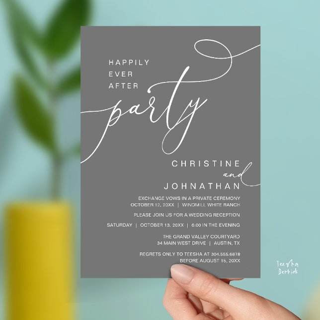 Convite Happily Ever After Party Romantic Weds Reception (Happily Ever After Party Romantic Weds Reception Invitation Card in Dark Grey)