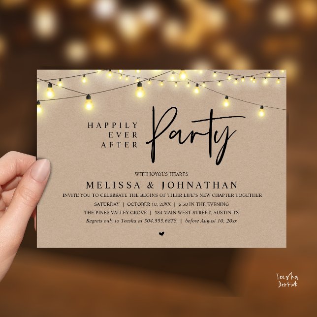 Convite Happily Ever After Party, Rustic String Lights (Happily Ever After Party, Rustic Wedding String Lights Invitation card, Reception Brown Kraft )