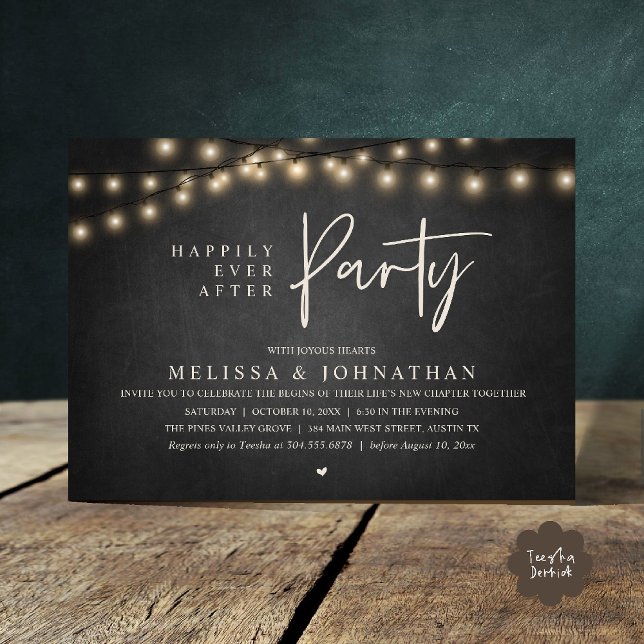 Convite Happily Ever After Party, Rustic String Lights (Happily Ever After Party, Rustic Wedding String Lights Invitation card, Reception chalkboard)