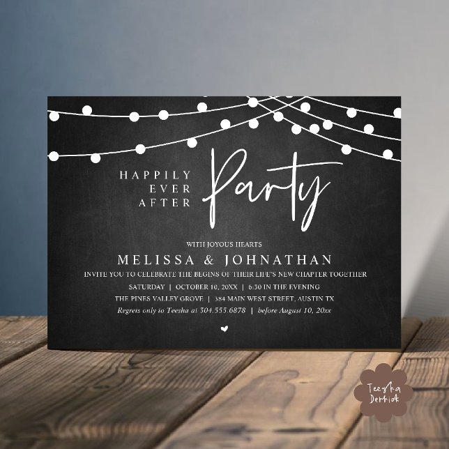 Convite Happily Ever After Party, Rustic String Lights (Happily Ever After Party, Rustic Wedding String Lights Invitation card, Reception chalkboard)