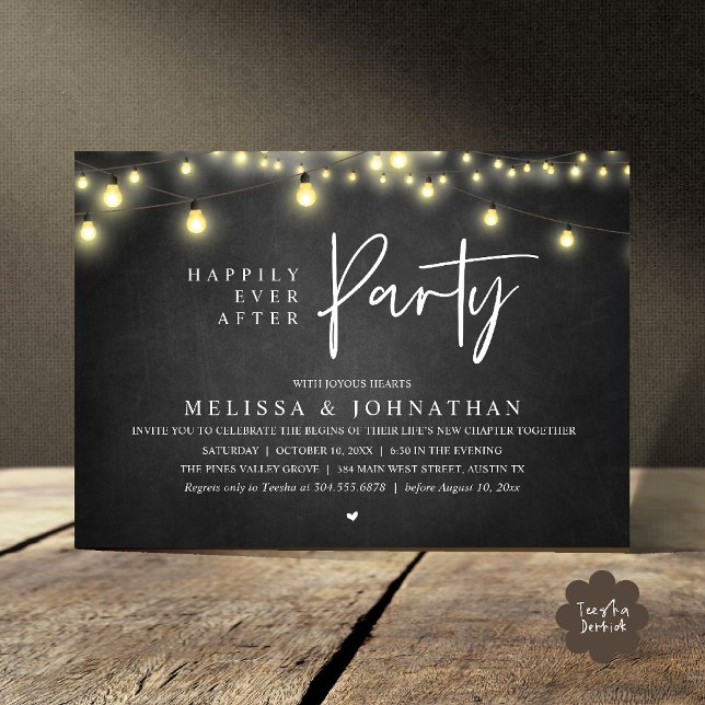 Convite Happily Ever After Party, Rustic String Lights (Happily Ever After Party, Rustic Wedding String Lights Invitation card, Reception chalkboard)