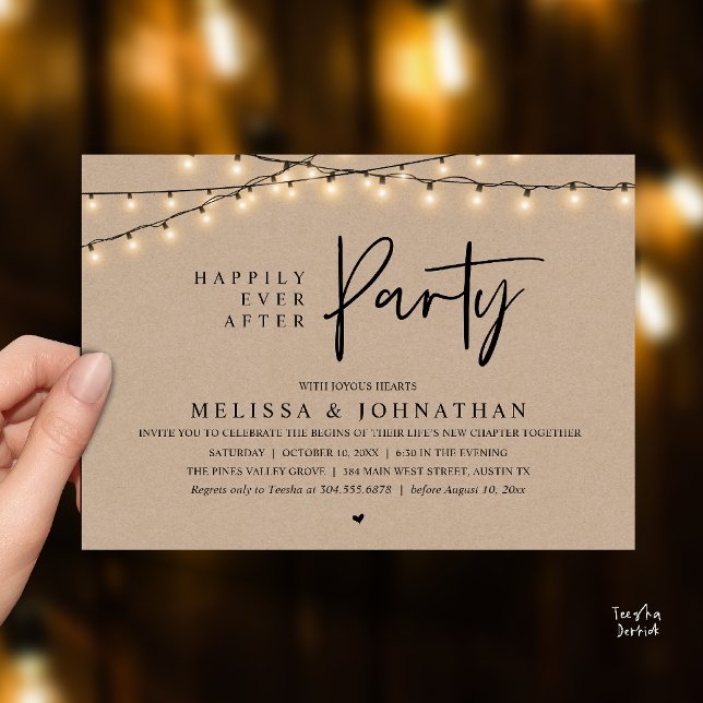Convite Happily Ever After Party, Rustic String Lights (Happily Ever After Party, Rustic Wedding String Lights Invitation card, Reception Brown Kraft )