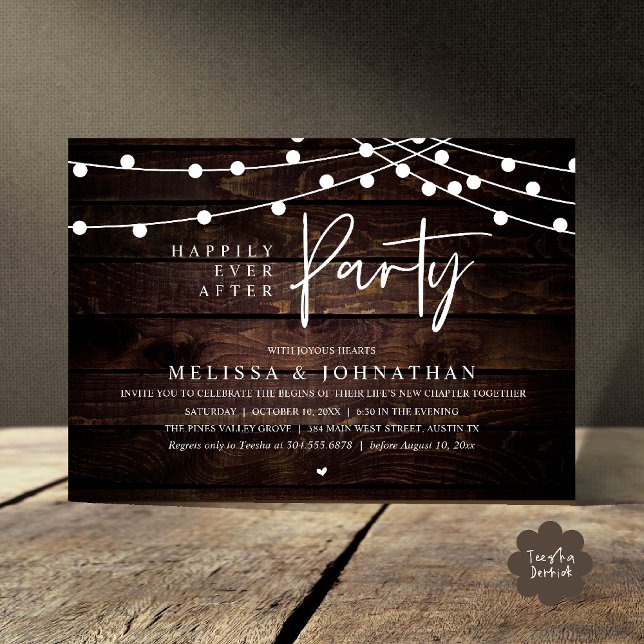 Convite Happily Ever After Party, Rustic String Lights (Happily Ever After Party, Rustic Wedding String Lights Invitation card, Reception brown wood)
