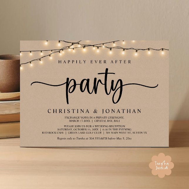 Convite Happily Ever After Party, Rustic String Lights Wed (Happily Ever After Party, Rustic String Lights Wed Invitation Card, Dark Brown kraft Background)