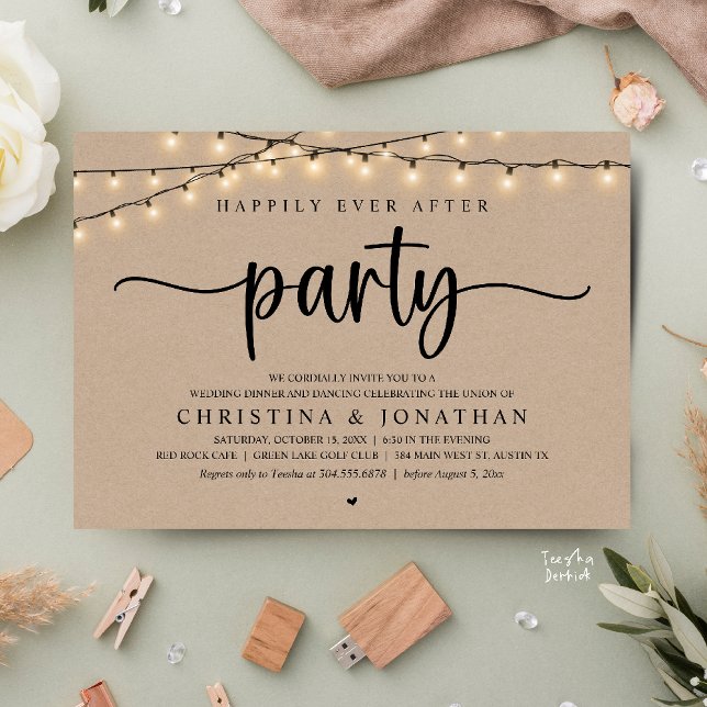 Convite Happily Ever After Party, Rustic Wedding Dinner (Happily Ever After Party, Rustic Wedding Dinner Invitation Card,  cottage string lights, brown kraft)