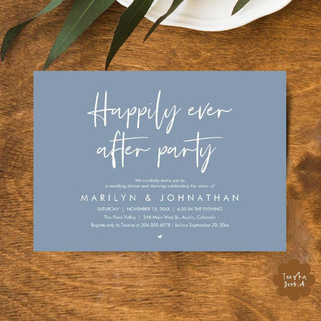 Convite Happily Ever After Party, Wedding Dinner Dancing (Happily Ever After Party, Wedding Dinner Dancing Invitation Card in Dusty Blue)