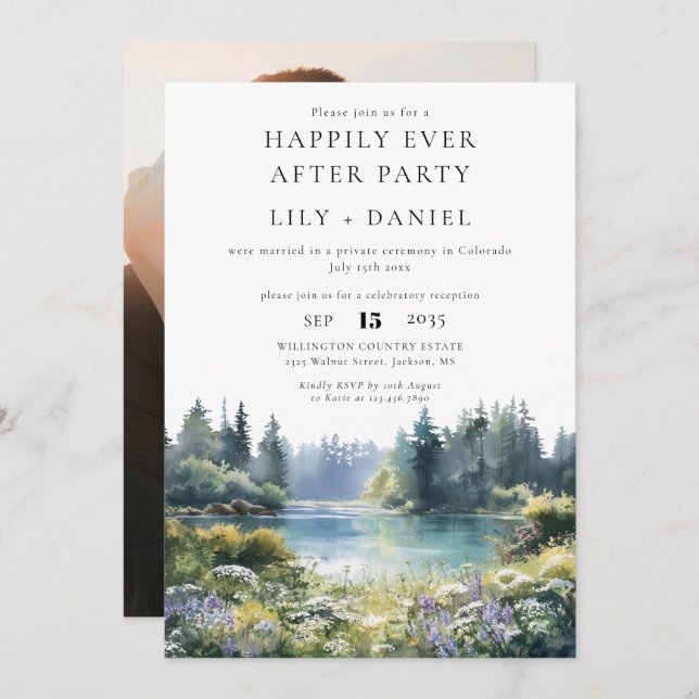 Convite Happily Ever After Photo Forest Lakeside Wedding (Frente/Verso)