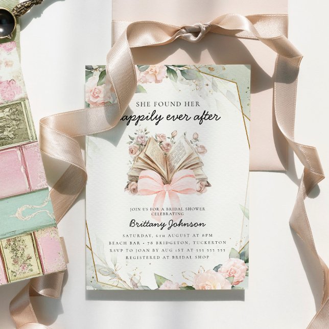 Convite Happily Ever After Pink Floral Book Bridal Shower (Criador carregado)