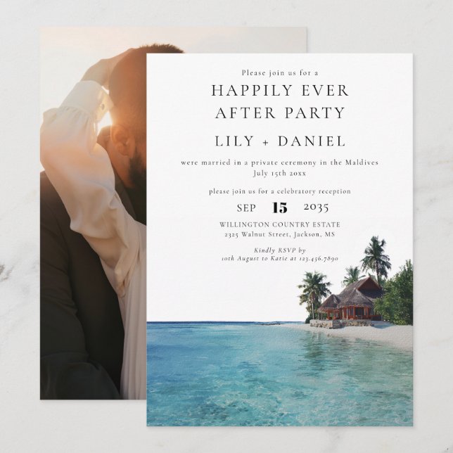 Convite Happily Ever After Tropical Beach Photo Wedding (Frente/Verso)